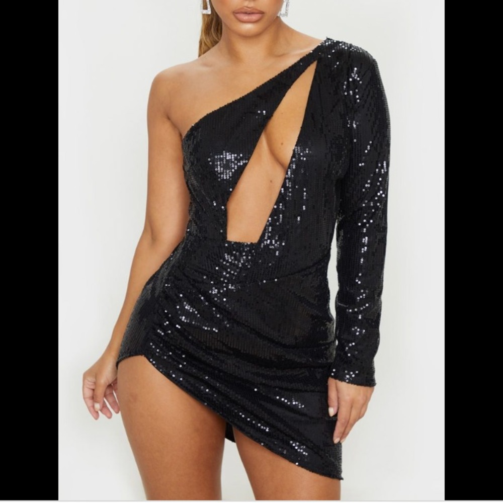 PLT black sequin asymmetrical cutout dress